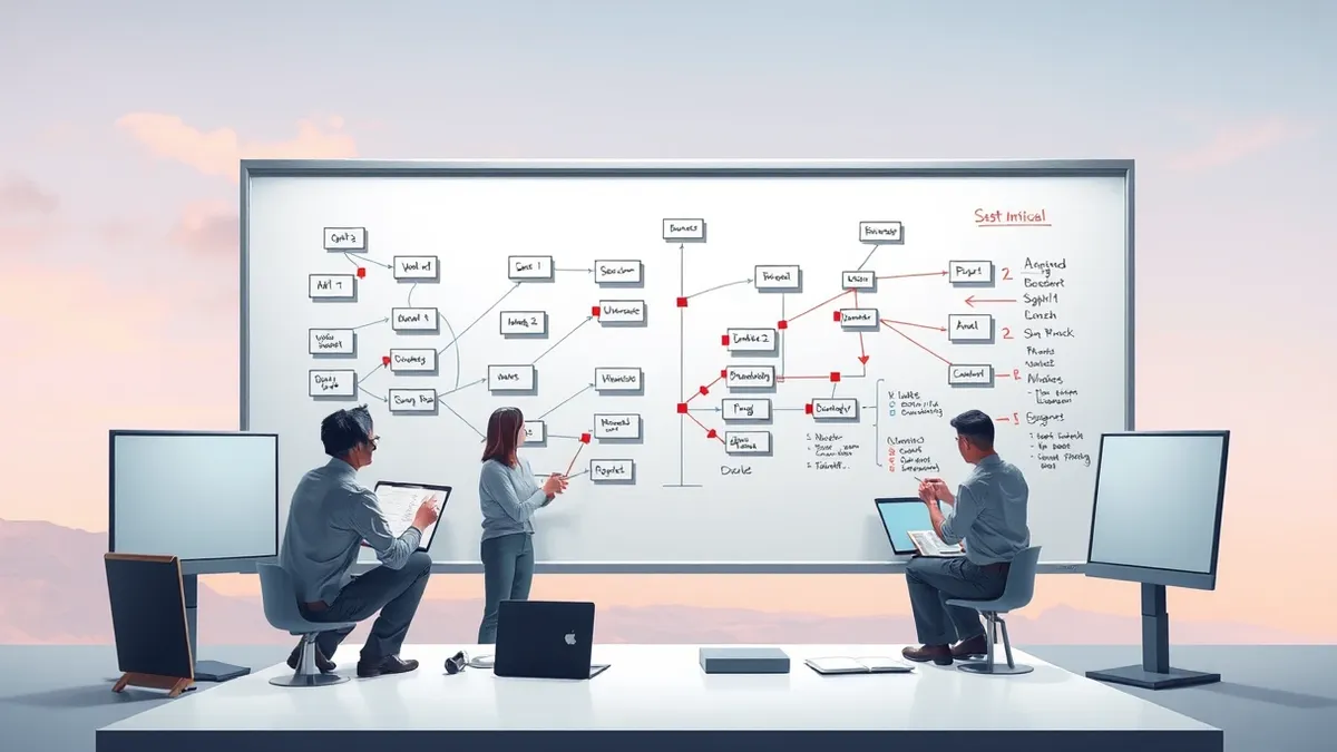 Illustration: A small team sketches system diagrams on a large whiteboard, connecting boxes with colored lines to map data flows.