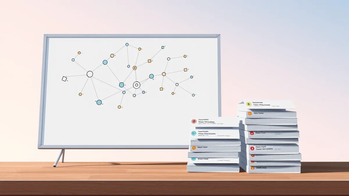 Illustration: A whiteboard filled with abstract geometric shapes connected by thin lines stands next to a neat stack of printed index cards.
