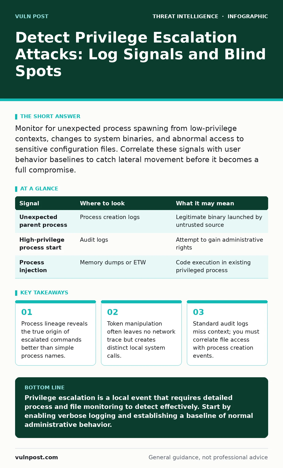 Infographic: Detect Privilege Escalation Attacks: Log Signals and Blind Spots. Process lineage reveals the true origin of escalated commands better than simple process names. Token manipulation often leaves no network trace but creates distinct local system calls. Standard audit logs miss context; y