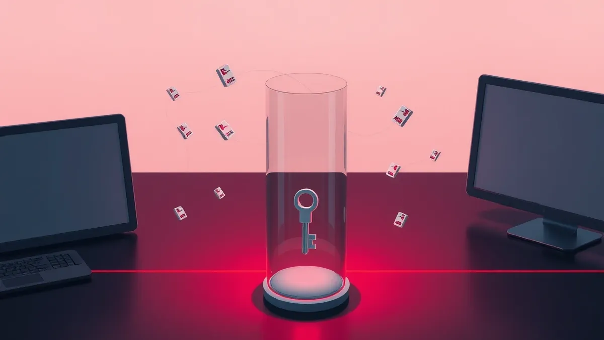 Illustration: A transparent glass cylinder sits on a dark desk, containing a small silver key that hovers above a red line.