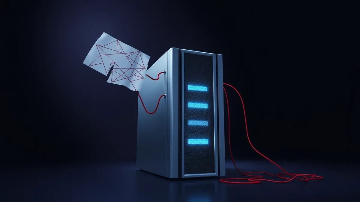 Illustration: A sleek, silver server sits in a dark room, its front panel glowing with soft blue lights.