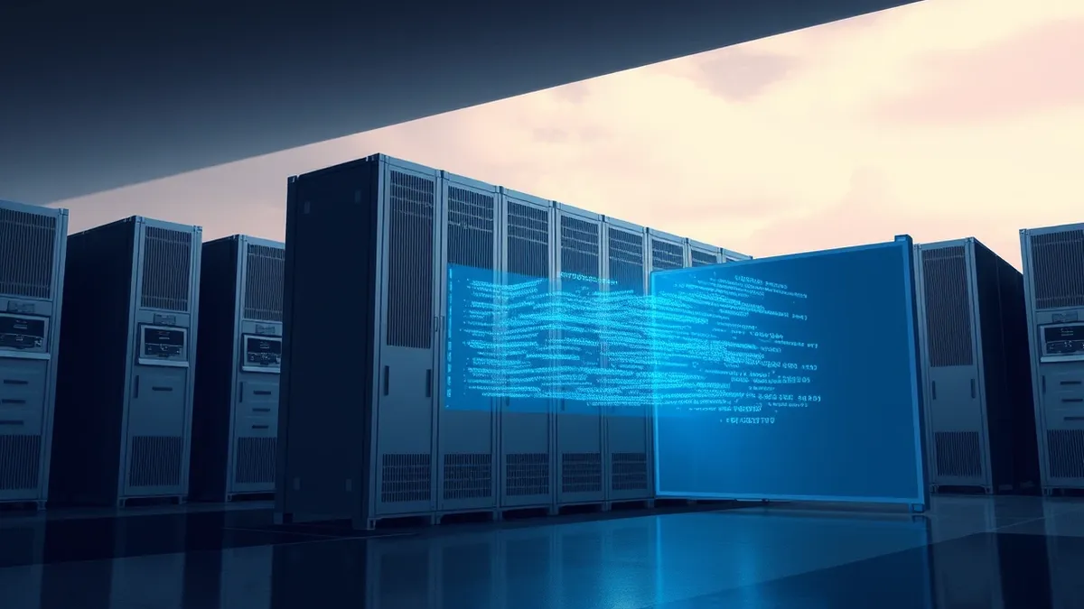 Illustration: A cluster of gray network servers sits in a dark room, with translucent blue data packets leaking from one unit into an adjacent, isolated zone.
