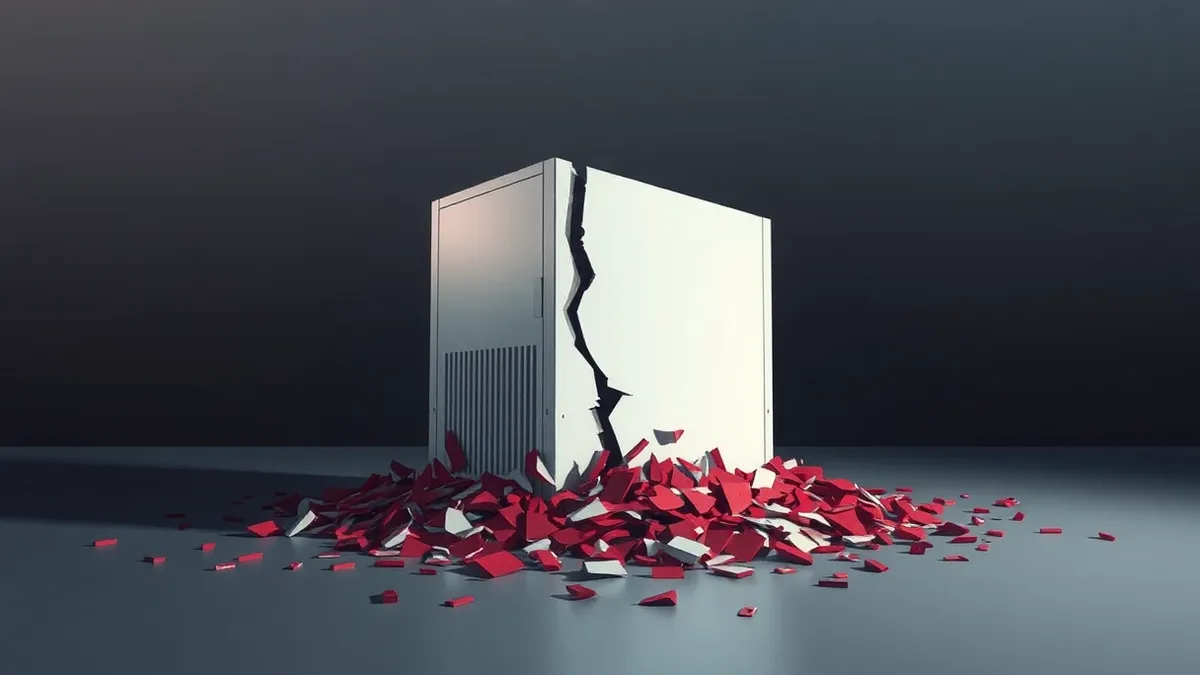 Illustration: A pristine white server sits in a dark room with a single visible crack running through its metal casing.