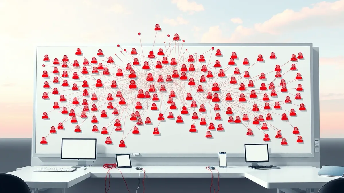 Illustration: A whiteboard covered in tangled red strings connects dozens of blank profile icons to various cloud service symbols.