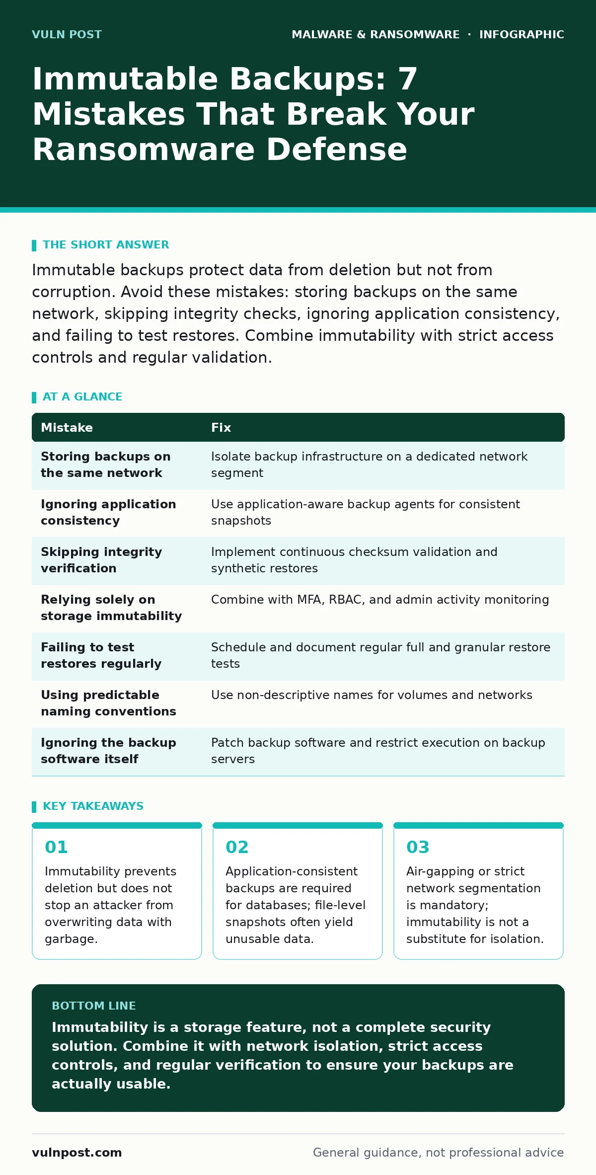 Infographic: Immutable Backups: 7 Mistakes That Break Your Ransomware Defense. Immutability prevents deletion but does not stop an attacker from overwriting data with garbage. Application-consistent backups are required for databases; file-level snapshots often yield unusable data. Air-gapping or st