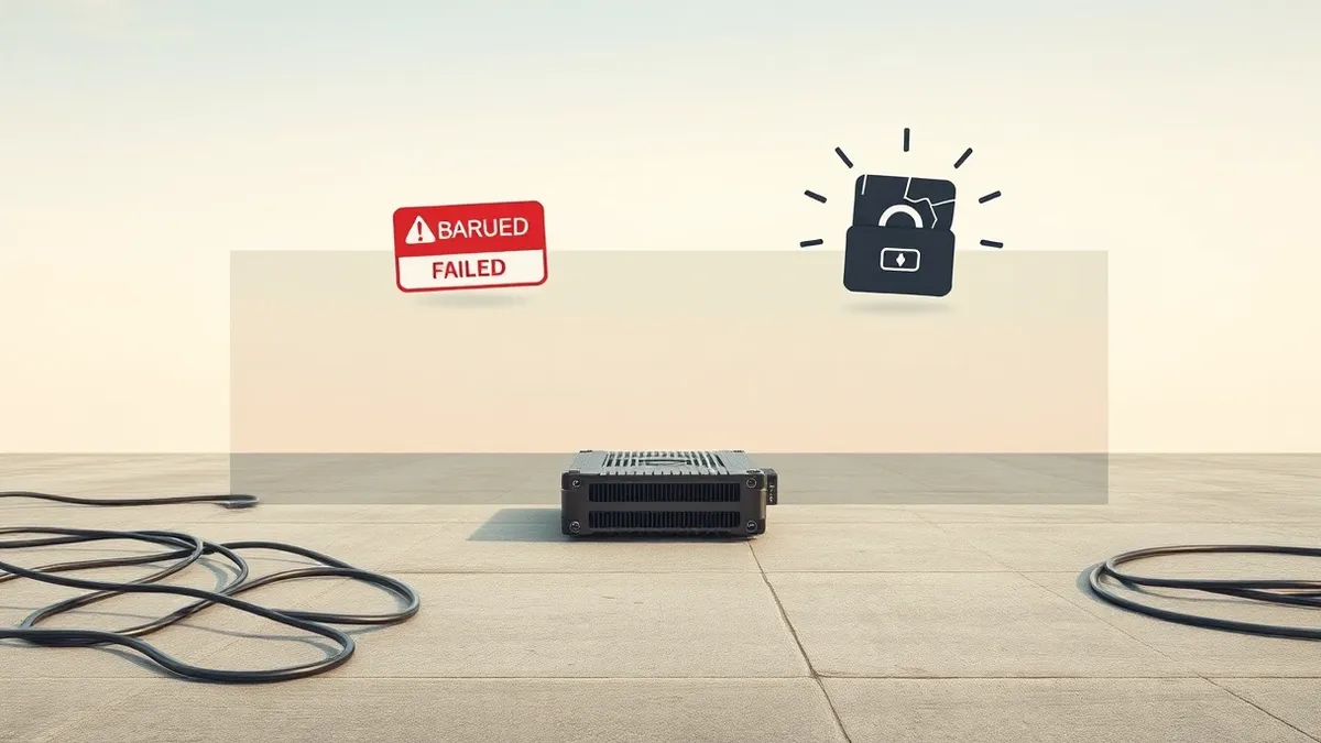 Illustration: A rugged metal backup drive sits isolated on a concrete floor, separated from tangled network cables by a thick, transparent barrier.
