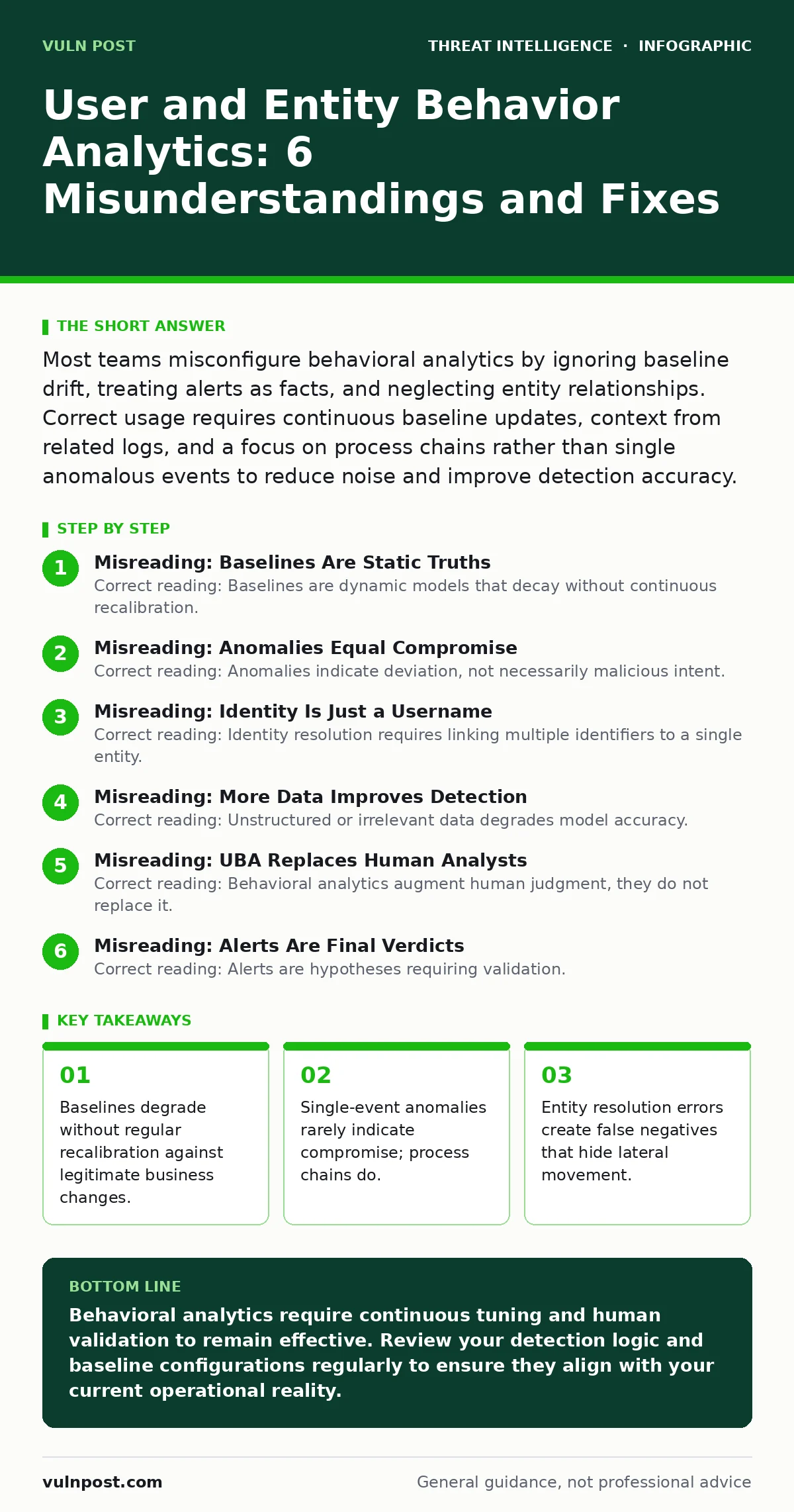 Infographic: User and Entity Behavior Analytics: 6 Misunderstandings and Fixes. Baselines degrade without regular recalibration against legitimate business changes. Single-event anomalies rarely indicate compromise; process chains do. Entity resolution errors create false negatives that hide lateral