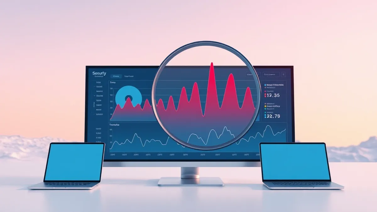 Illustration: A sleek security dashboard displays jagged red spikes against a calm blue baseline, highlighting statistical noise rather than clear threats.