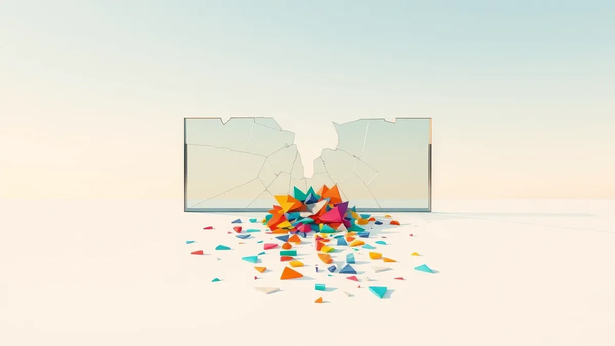 Illustration: A cracked glass pane sits atop a white surface, leaking colorful geometric shapes that spill onto the floor.