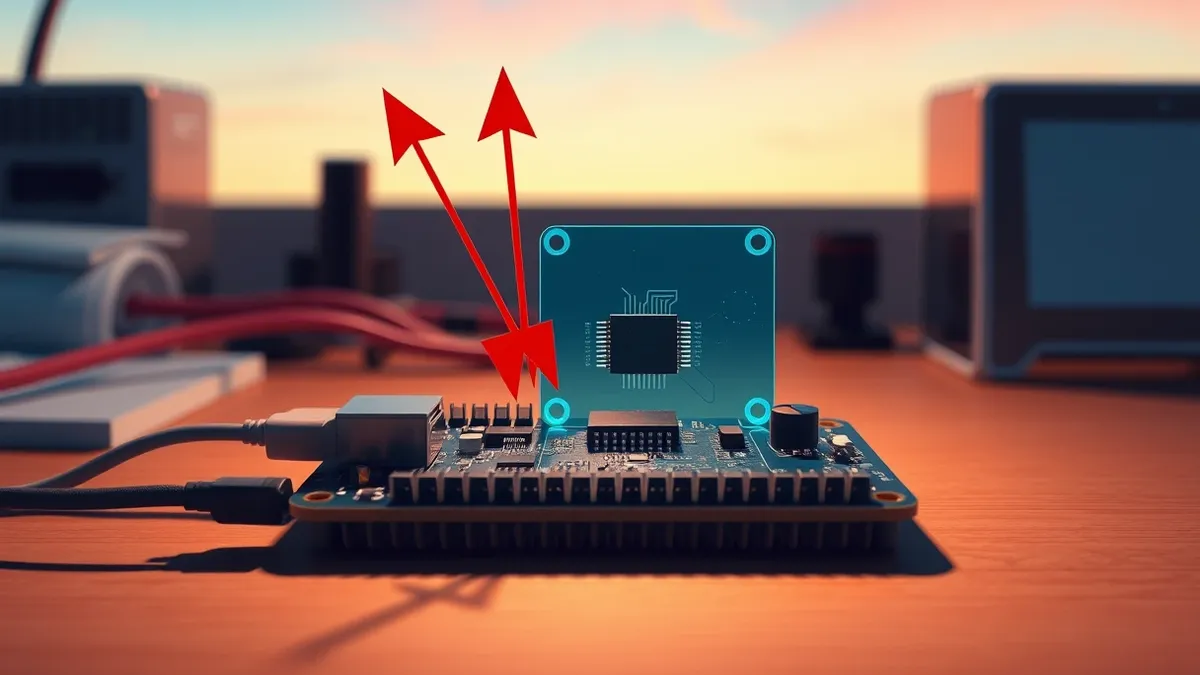 Illustration: A small circuit board rests on a workbench, featuring a tiny microcontroller chip at its center.