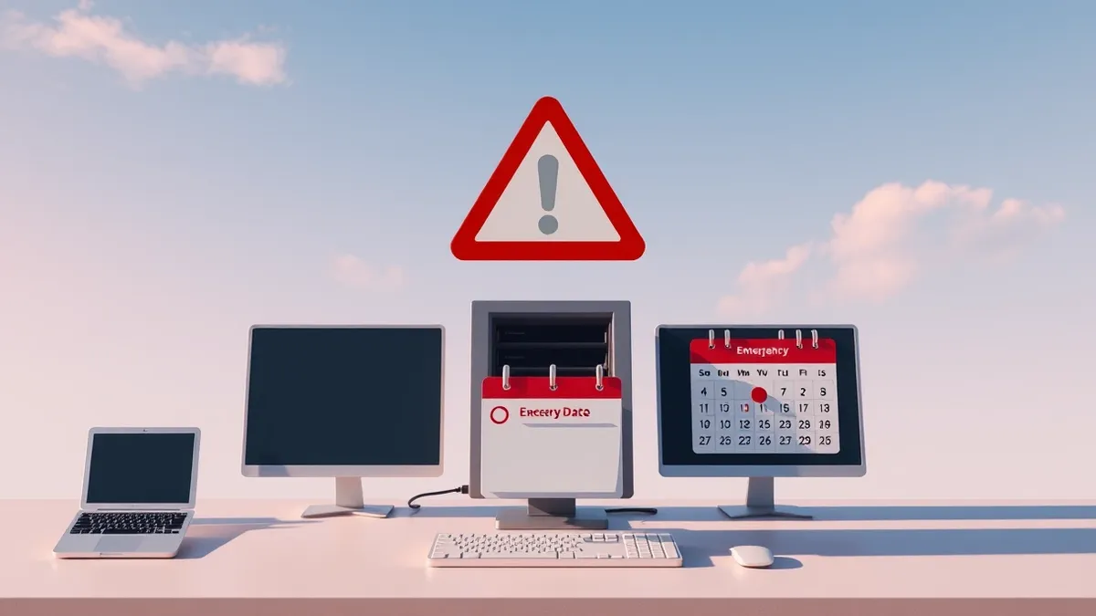 Illustration: A generic server icon sits on a desk with a large red warning triangle floating above it, symbolizing urgent software vulnerabilities.