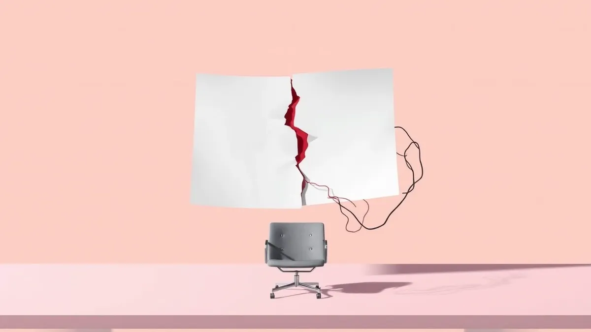 Illustration: A pristine white paper document floats in mid-air, its surface completely blank save for a jagged red crack splitting the page.