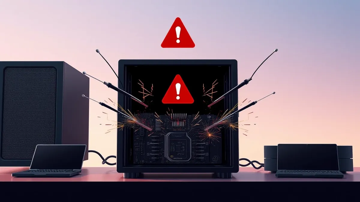 Illustration: A red warning icon floats above a sleek black security appliance.