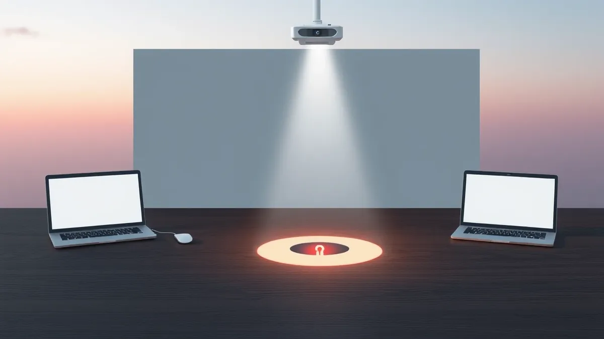 Illustration: A sleek white projector casts a single bright beam onto a dark wooden table, illuminating a tiny, glowing keyhole embedded in the surface.