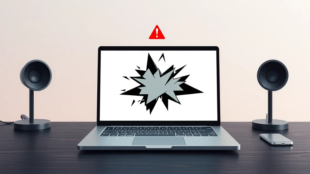 Illustration: A sleek silver laptop sits on a dark wooden desk, its screen displaying a blank white page with jagged black geometric shapes bursting from the center.