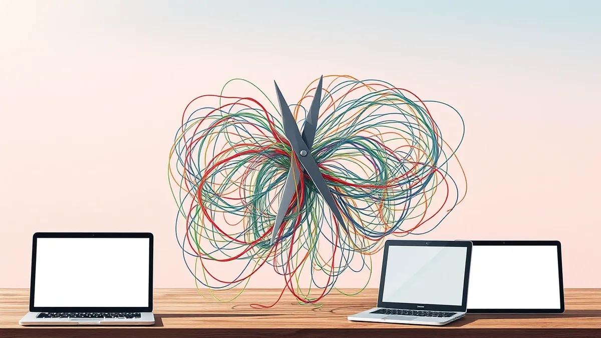 Illustration: A tangle of colored threads representing data streams becomes hopelessly knotted inside a tangled web.
