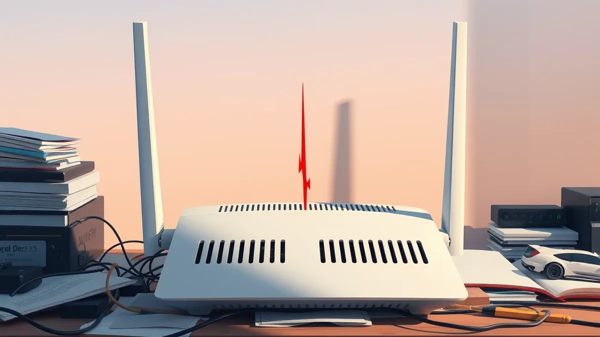 Illustration: A white wireless router sits on a cluttered desk, its ventilation slots casting sharp shadows.