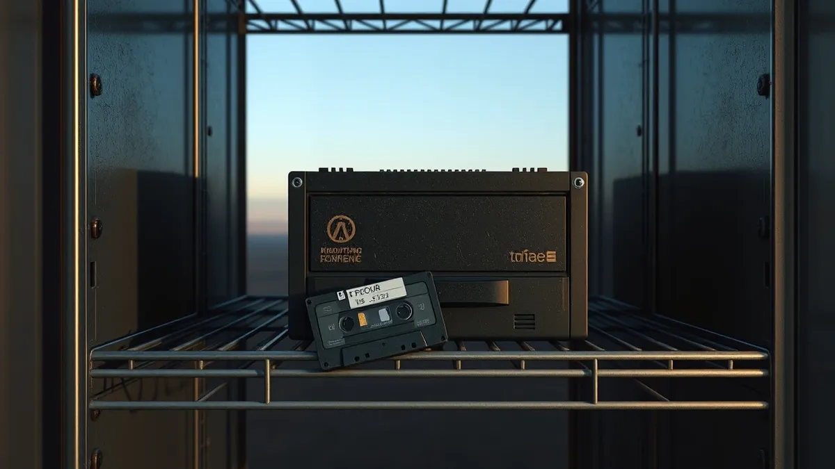 Illustration: A dusty tape drive sits on a metal shelf in a dim storage room, its single tape cartridge lying loosely beside the slot.