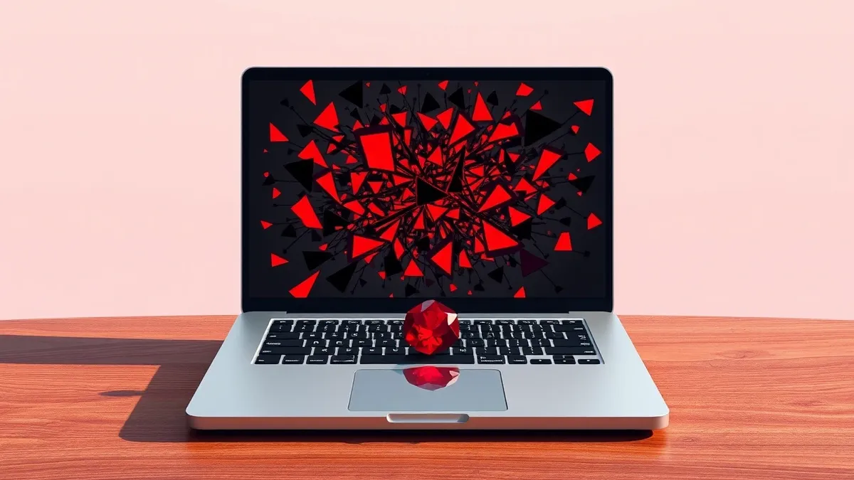 Illustration: A sleek silver laptop sits on a polished wooden desk, its screen displaying a chaotic tangle of abstract red and black geometric shapes that seem to spill out from th