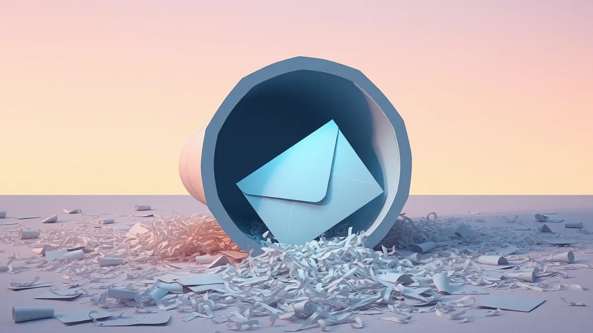 Illustration: A white envelope tumbles from a broken digital routing funnel onto a scattered pile of shredded paper.