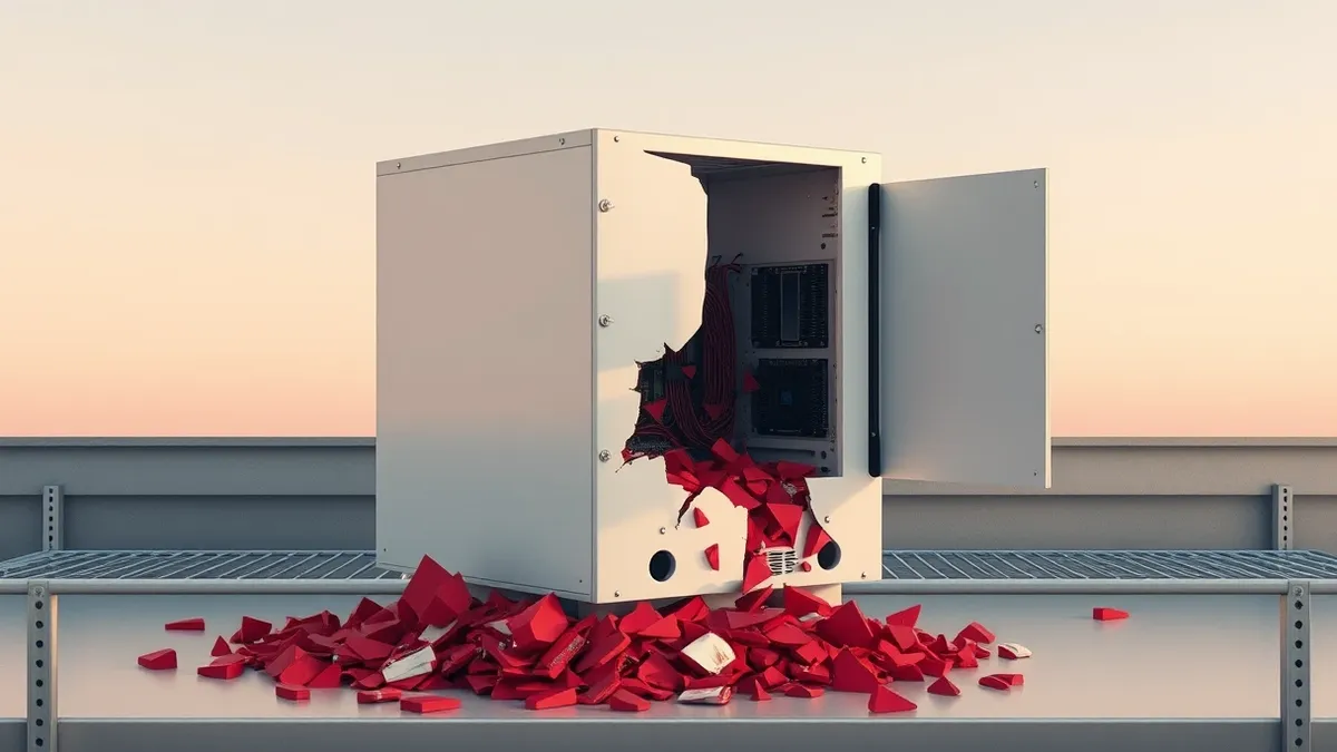 Illustration: A cracked white server box sits on a metal shelf with its side panel removed.