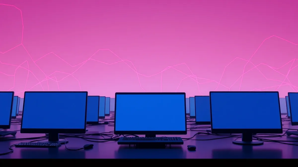 Illustration: A digital twin of a corporate network glows with abstract red pathways weaving silently through the background.