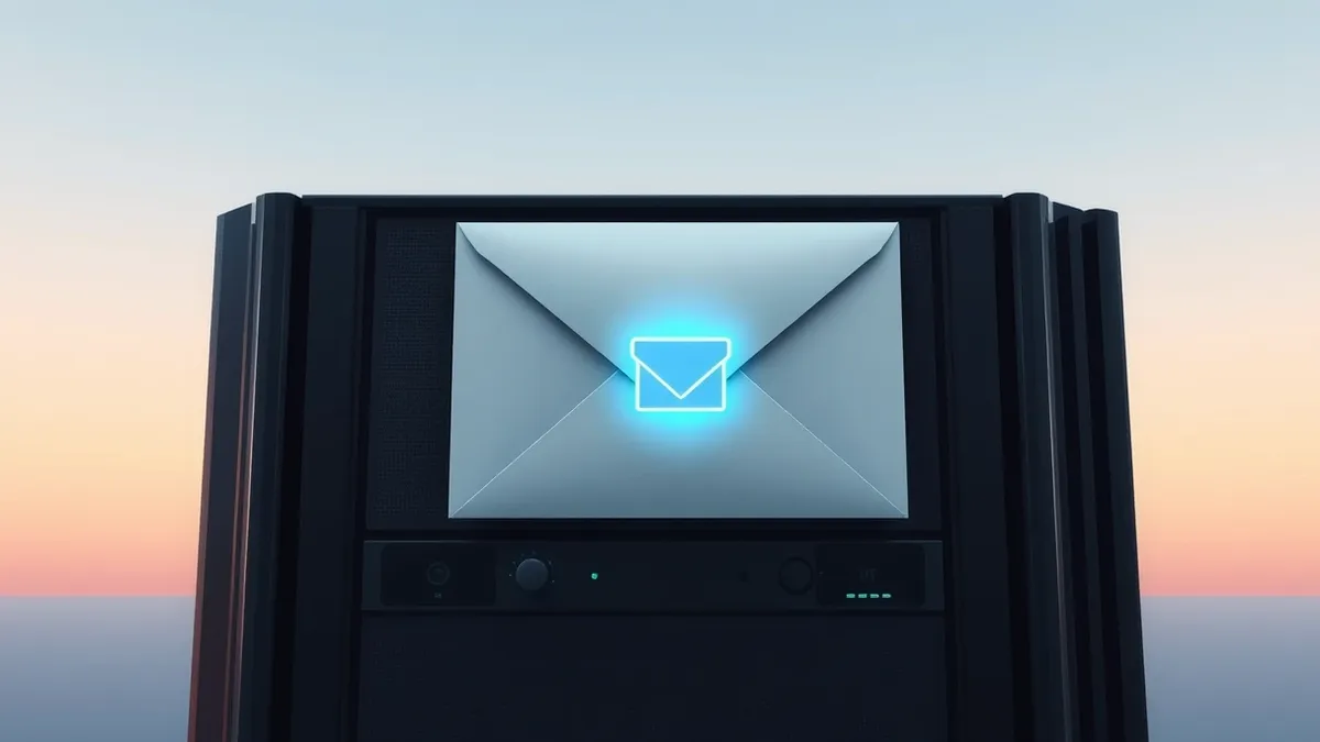 Illustration: A single white envelope rests on a sleek, black server chassis.