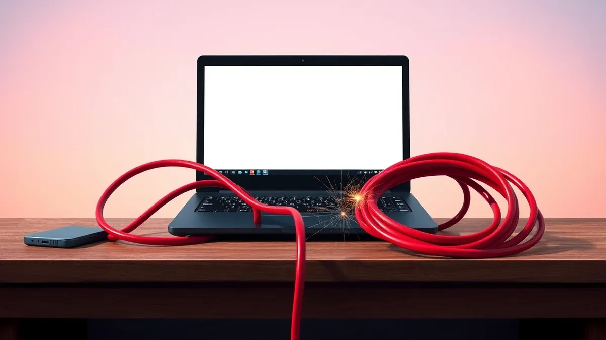Illustration: A sleek black laptop sits on a wooden desk, its screen displaying a blank white browser window.
