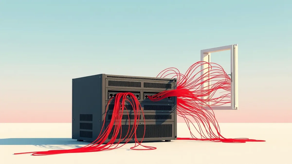 Illustration: A generic enterprise server box sits isolated, its network ports emitting chaotic red streams of data that bypass a broken firewall barrier.