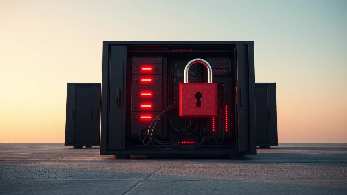 Illustration: A sleek black network backup server sits isolated on a concrete floor, its front panel glowing with red warning lights.