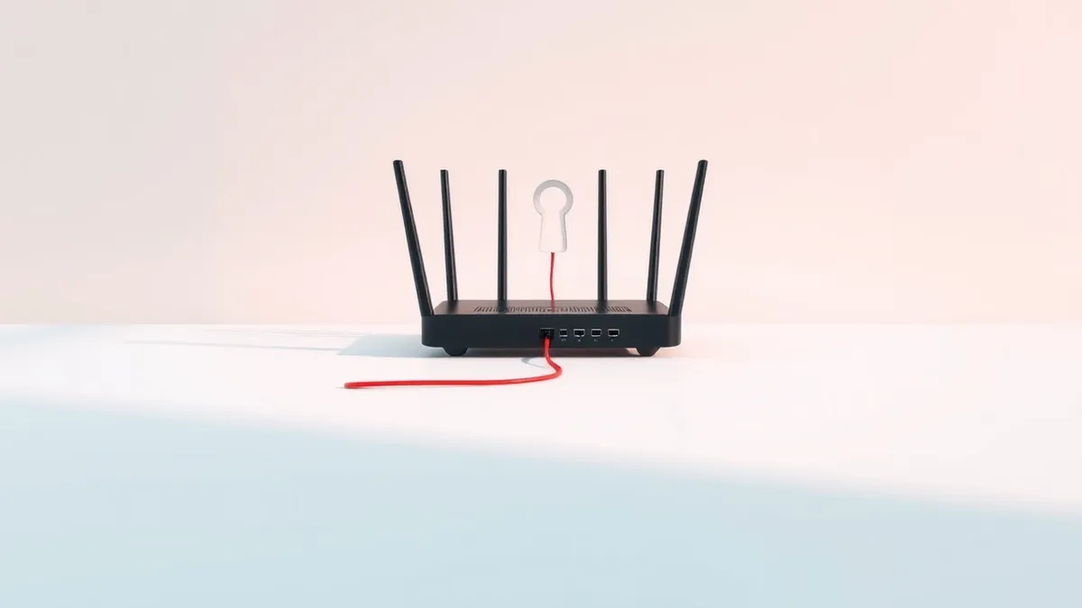 Illustration: A black wireless router with four antennas sits on a plain white surface.