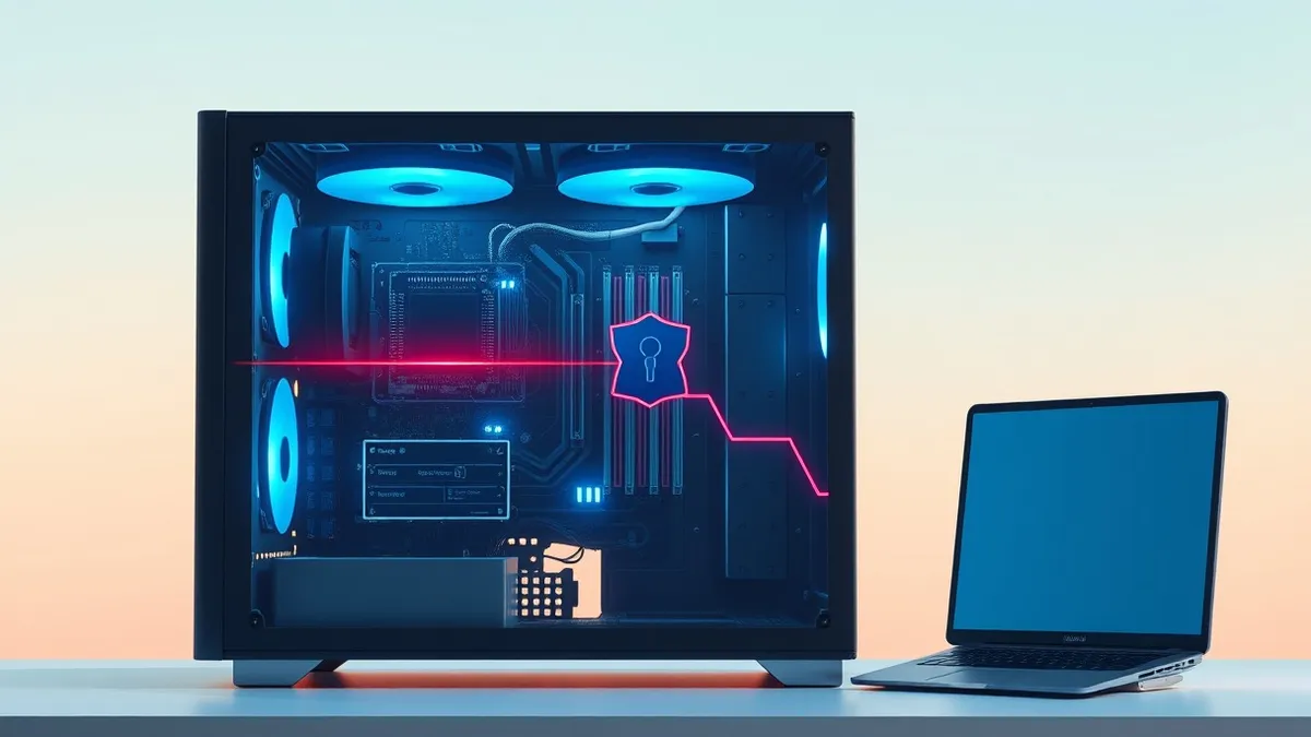 Illustration: A sleek, transparent computer chassis sits on a desk, revealing internal circuitry bathed in soft blue light.