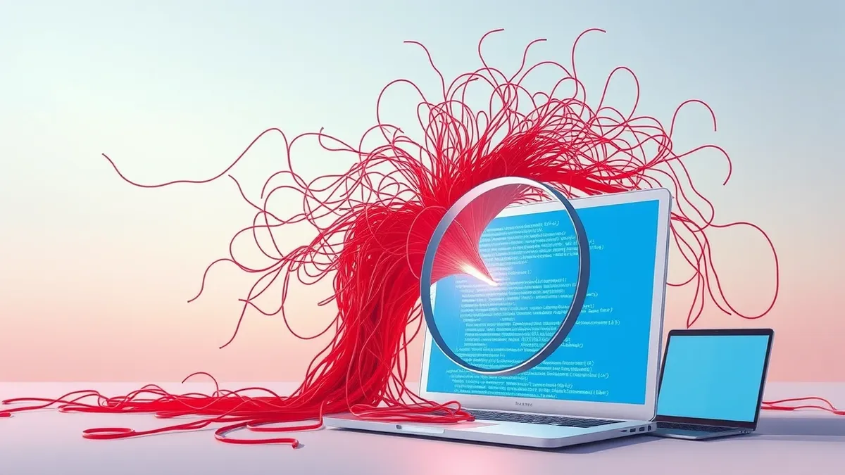 Illustration: A tangled web of red threads erupts from a glowing blue code editor, representing accelerated vulnerabilities.