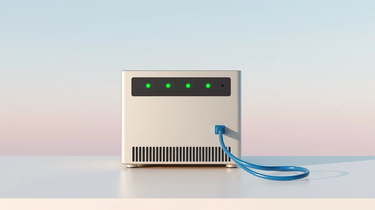 Illustration: A sleek silver server sits on a clean white desk, its front panel displaying three steady green status lights.