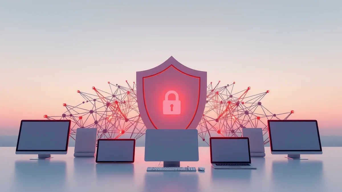 Illustration: A digital shield sits behind a complex network of glowing nodes, highlighting specific weak points that threaten the core structure while ignoring distant, harmless f