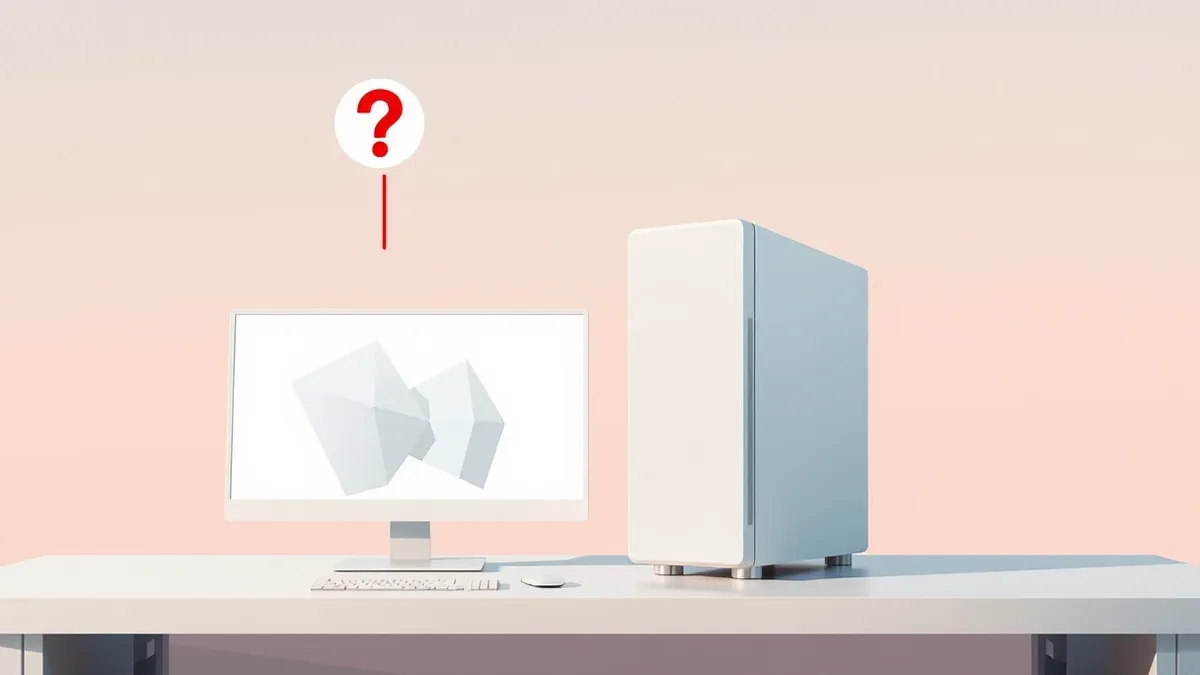 Illustration: A sleek white server tower sits on a clean desk with a single blank monitor displaying abstract geometric shapes.