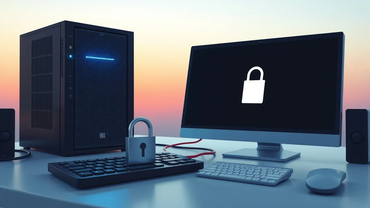 Illustration: A sleek black web server sits on a desk with a glowing blue status light.