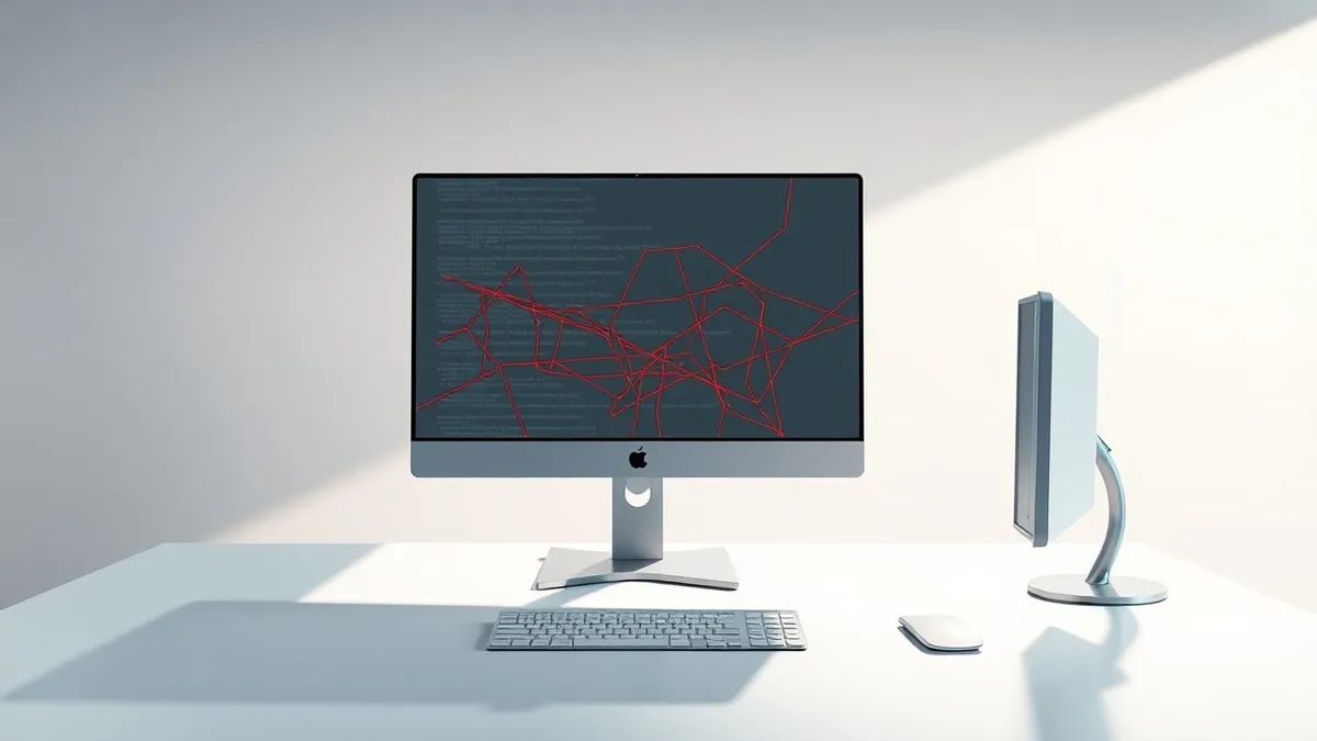 Illustration: A sleek desktop monitor displays tangled, jagged red lines weaving through clean digital code blocks on a blank screen.