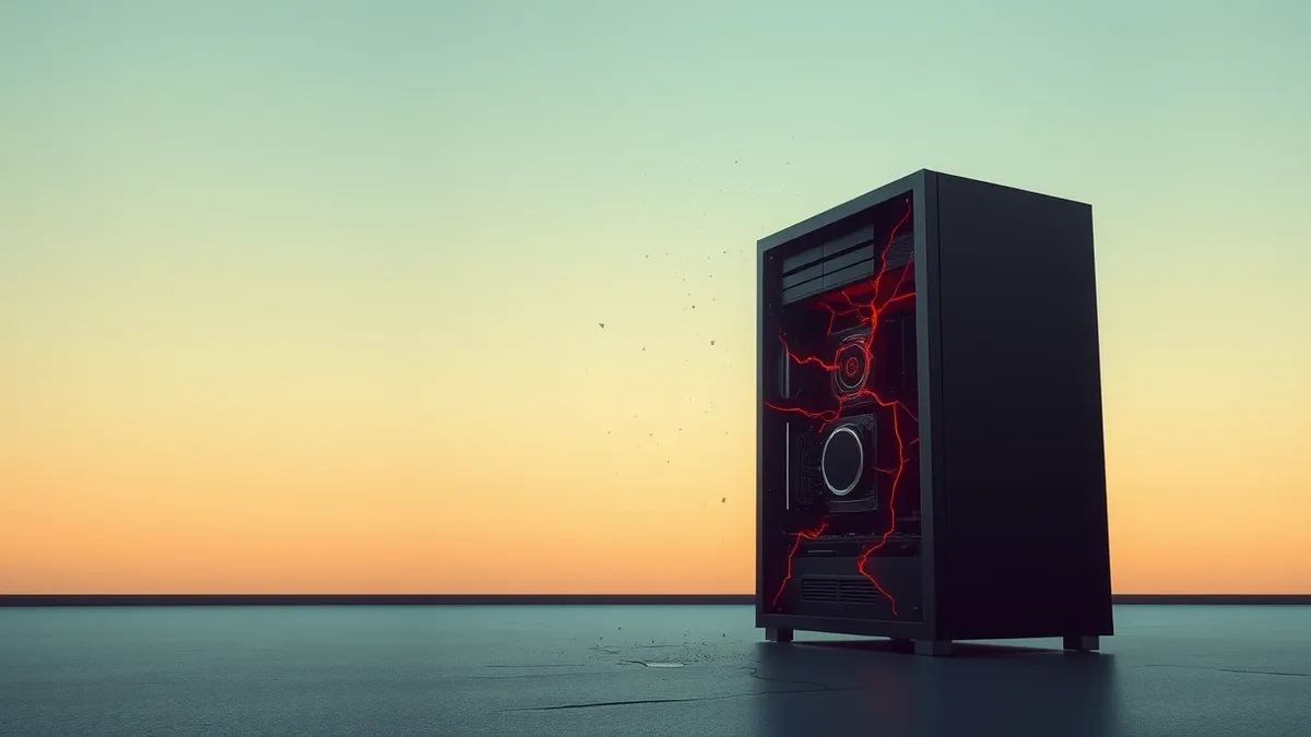 Illustration: A sleek black tower server sits alone in a dimly lit room.