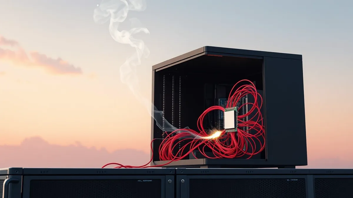 Illustration: A sleek black server box sits on a metal rack with its side panel removed.