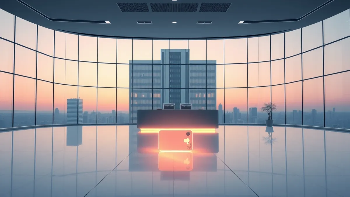 Illustration: A sleek office building sits in the background with its outer walls intact and unbroken, while inside, a single glowing key card rests on a reception desk, casting a 