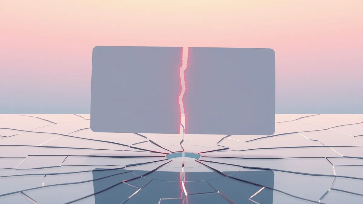 Illustration: A single flat card floats above a cracked glass surface.