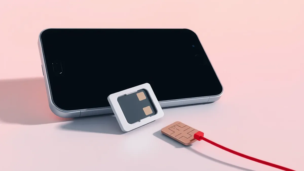Illustration: A smartphone sits upside down on a desk, its SIM tray ejected onto the surface.