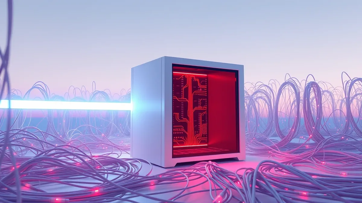 Illustration: A sleek white server box sits isolated within a dense, glowing maze of fiber-optic cables.