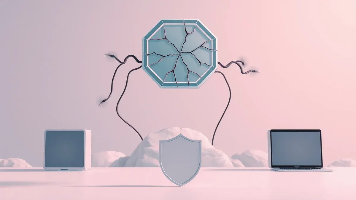 Illustration: A floating, translucent geometric token with jagged cracks hovers above a blank cloud icon.