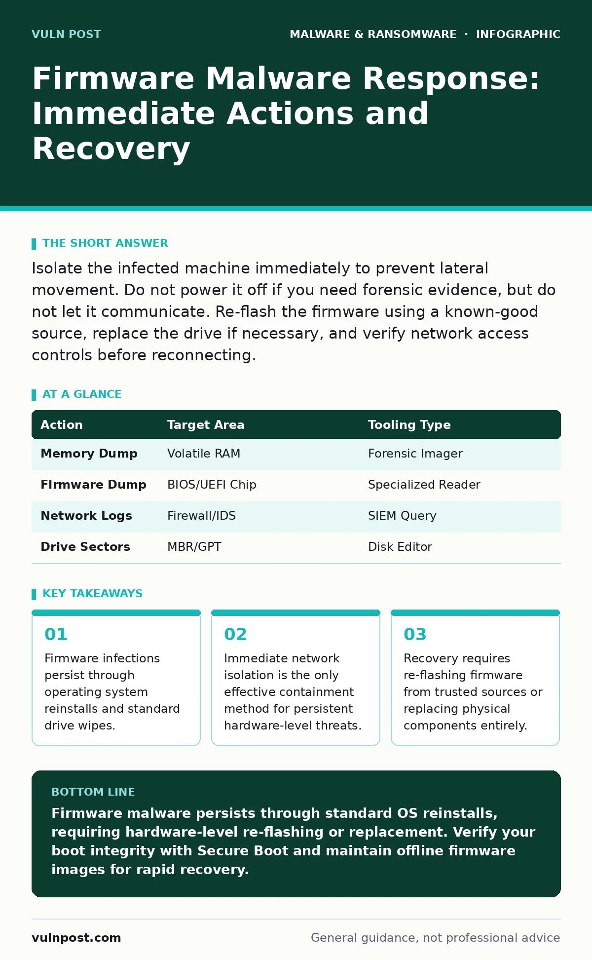 Infographic: Firmware Malware Response: Immediate Actions and Recovery. Firmware infections persist through operating system reinstalls and standard drive wipes. Immediate network isolation is the only effective containment method for persistent hardware-level threats. Recovery requires re-flashing