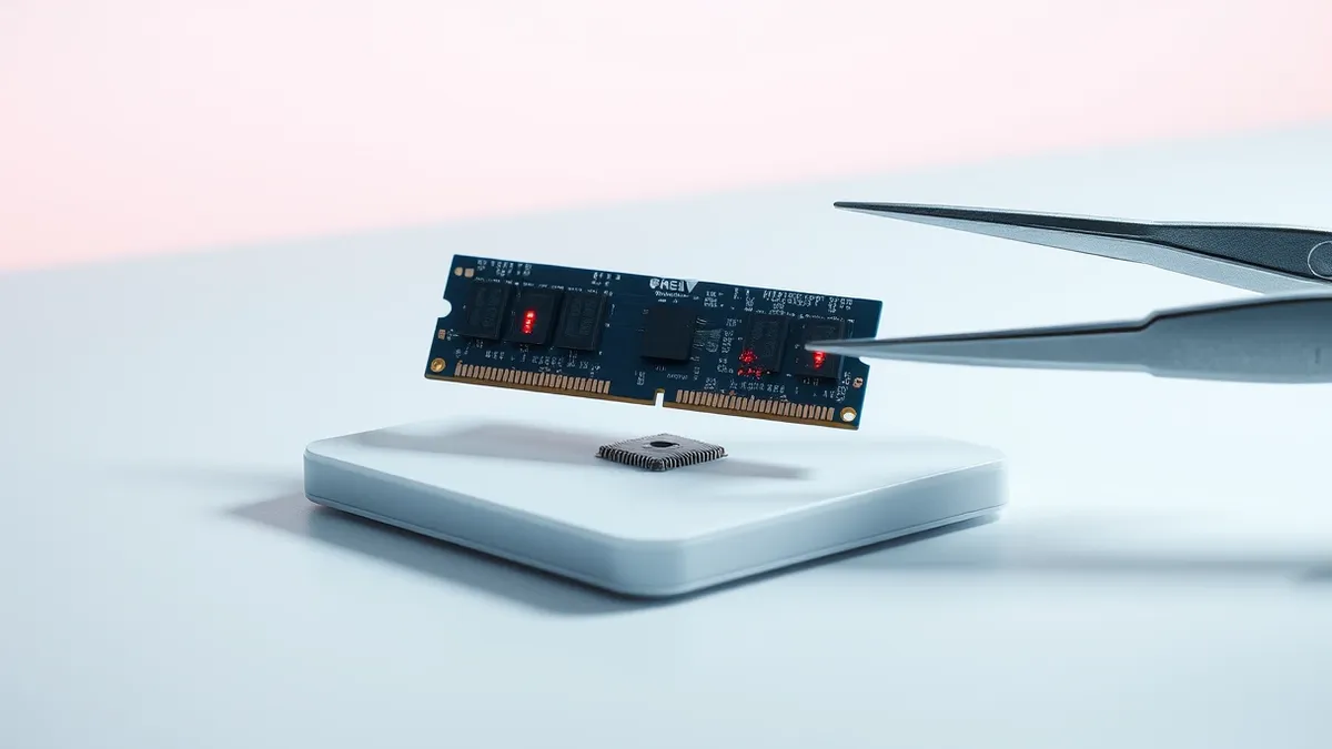 Illustration: A small circuit board rests on a clean white workbench, its tiny black memory chips glowing with faint red light to signal deep infection.