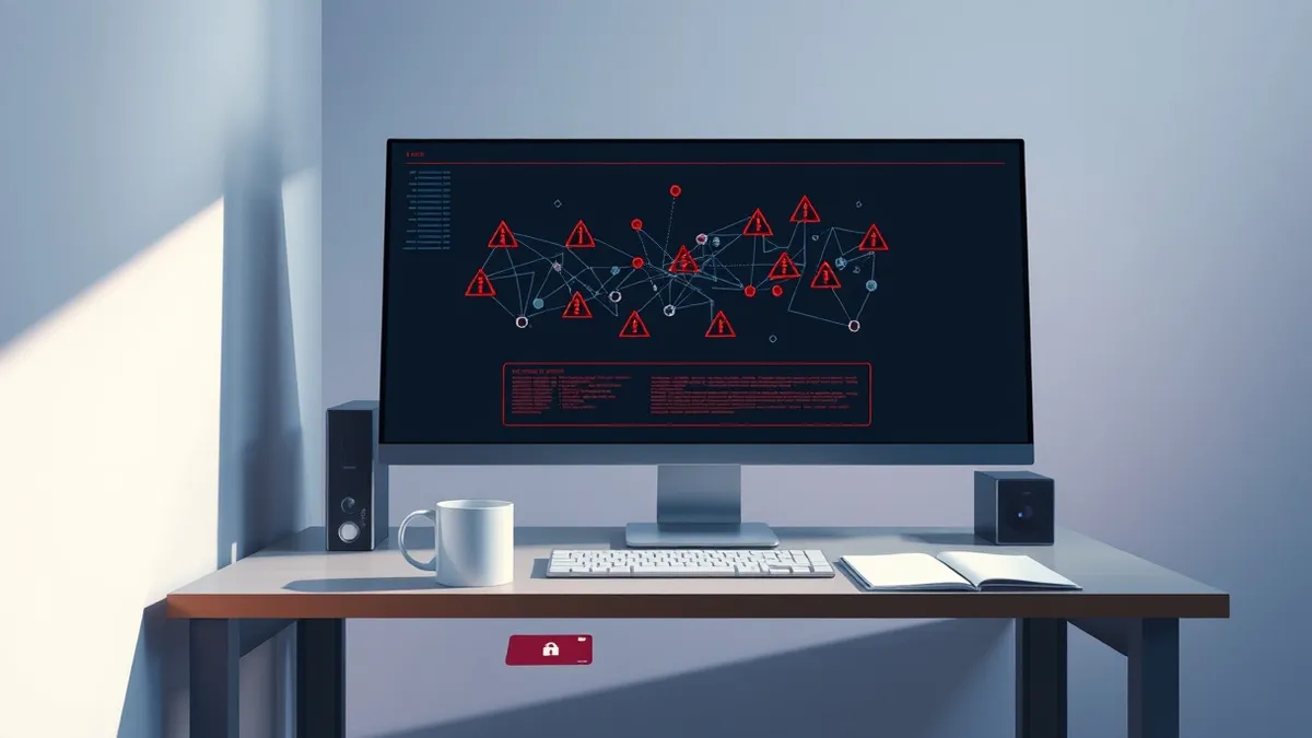 Illustration: A sleek office workstation sits in a quiet corner, its monitor displaying a complex network diagram with bright red warning triangles.