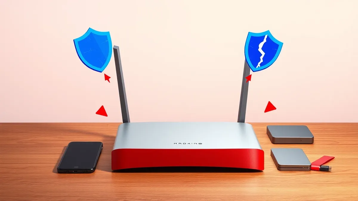 Illustration: A sleek silver router sits on a wooden desk next to a black smartphone and a small external hard drive.