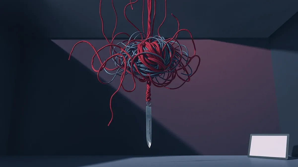 Illustration: A tangled knot of red and blue threads hangs from a ceiling, representing complex identity pathways.